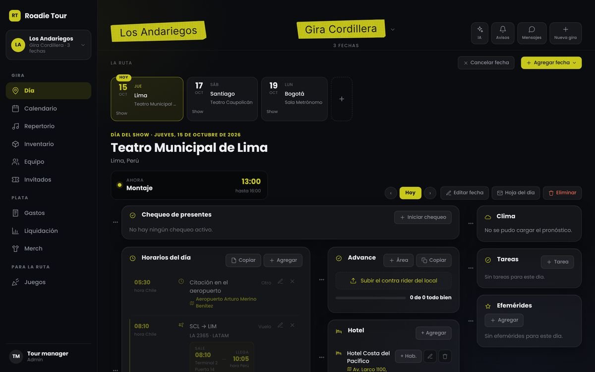 Día de show en Roadie Tour en el computador, con el cuadro de advance, el hotel y los horarios del día