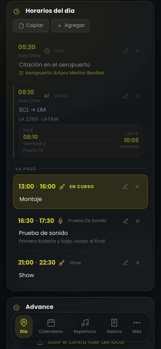 Hoja del día de Roadie Tour en el teléfono: horarios con la citación en hora de Chile, el vuelo a Lima y la prueba de sonido