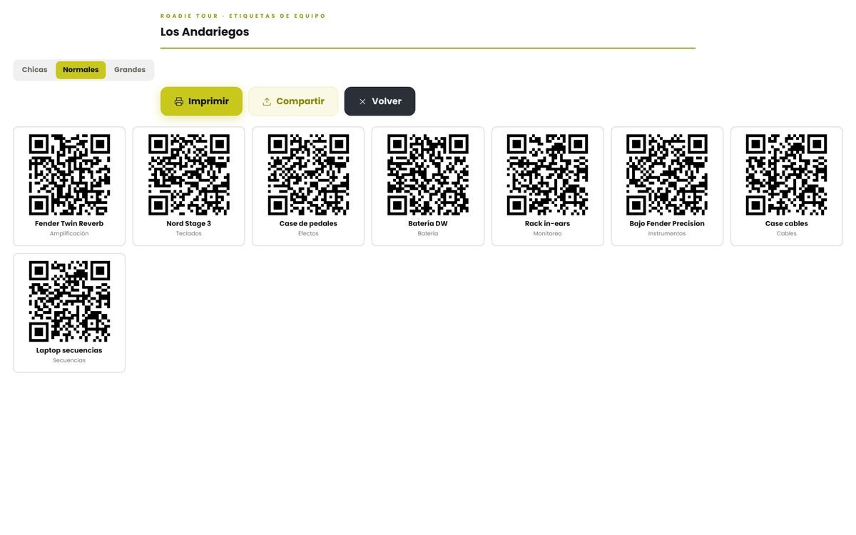 Etiquetas QR de inventario generadas por Roadie Tour para amplificadores, teclados, cases y batería