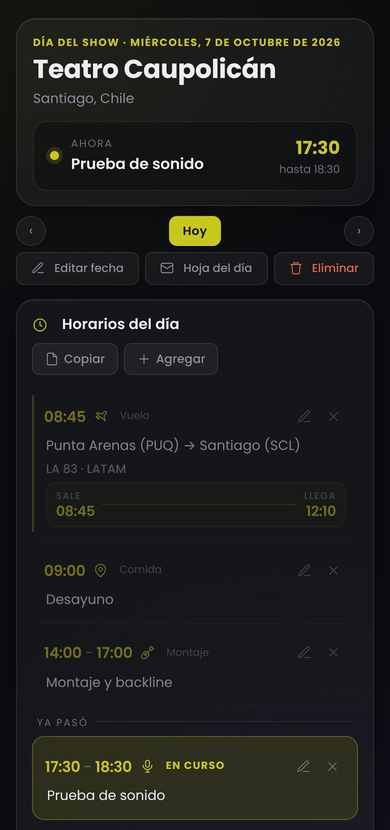La hoja del día en el teléfono: el recinto, los horarios, el vuelo y lo que está en curso